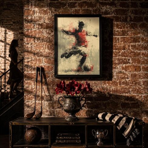 Framed Vintage Soccer Wall Art, Vintage Football Player Canvas Print, Dynamic Soccer Action Poster with Solid Wood Frame, Retro Sports Wall Decor for Boys Bedroom Bar in Kuwait