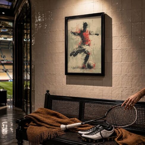 Framed Vintage Soccer Wall Art, Vintage Football Player Canvas Print, Dynamic Soccer Action Poster with Solid Wood Frame, Retro Sports Wall Decor for Boys Bedroom Bar in Kuwait