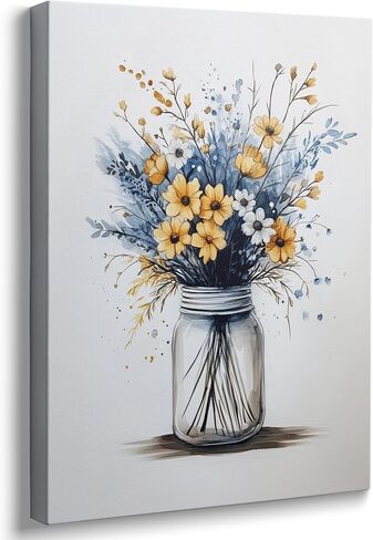 Ypxzzj Framed Navy Blue Floral Canvas Print for Bathroom Art Decor Rustic Daisy Wildflower Botanical Wall Art, Minimalist Watercolor Flower Picture for Farmhouse Living Room Bedroom Office (12''x16'') in Saudi Arabia