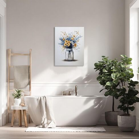Ypxzzj Framed Navy Blue Floral Canvas Print for Bathroom Art Decor Rustic Daisy Wildflower Botanical Wall Art, Minimalist Watercolor Flower Picture for Farmhouse Living Room Bedroom Office (12''x16'') in Saudi Arabia