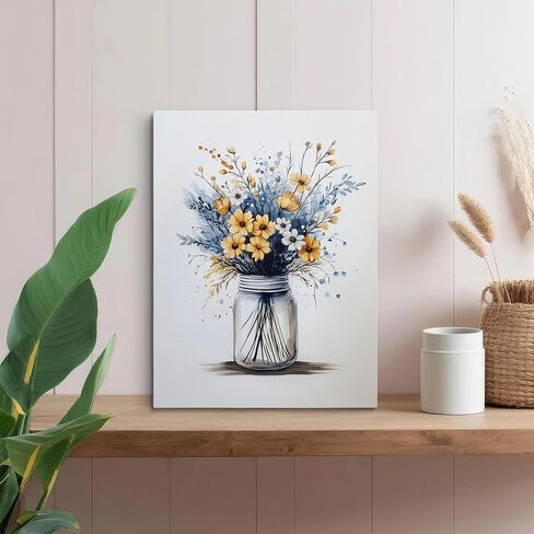 Ypxzzj Framed Navy Blue Floral Canvas Print for Bathroom Art Decor Rustic Daisy Wildflower Botanical Wall Art, Minimalist Watercolor Flower Picture for Farmhouse Living Room Bedroom Office (12''x16'') in Saudi Arabia