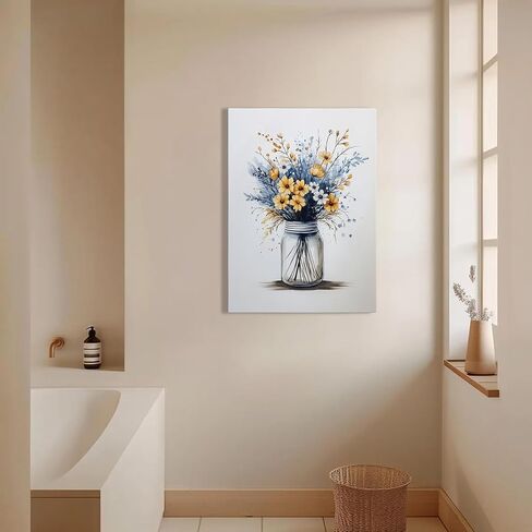 Ypxzzj Framed Navy Blue Floral Canvas Print for Bathroom Art Decor Rustic Daisy Wildflower Botanical Wall Art, Minimalist Watercolor Flower Picture for Farmhouse Living Room Bedroom Office (12''x16'') in Saudi Arabia