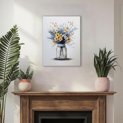 Ypxzzj Framed Navy Blue Floral Canvas Print for Bathroom Art Decor Rustic Daisy Wildflower Botanical Wall Art, Minimalist Watercolor Flower Picture for Farmhouse Living Room Bedroom Office (12''x16'') in Saudi Arabia