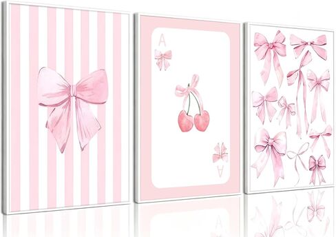 3 Pcs Pink Bow Canvas Wall Art Preppy Cherry Playing Cards Bow Posters Print Coquette Striped Aesthetic Picture Girls Room Wall Decor for Bedroom Living Room Dorm Apartment Decoration 12*16In Unframed in Saudi Arabia