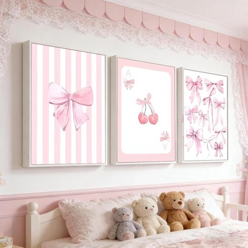 3 Pcs Pink Bow Canvas Wall Art Preppy Cherry Playing Cards Bow Posters Print Coquette Striped Aesthetic Picture Girls Room Wall Decor for Bedroom Living Room Dorm Apartment Decoration 12*16In Unframed in Saudi Arabia
