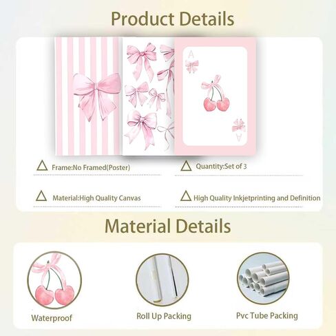 3 Pcs Pink Bow Canvas Wall Art Preppy Cherry Playing Cards Bow Posters Print Coquette Striped Aesthetic Picture Girls Room Wall Decor for Bedroom Living Room Dorm Apartment Decoration 12*16In Unframed in Saudi Arabia