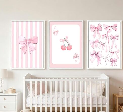 3 Pcs Pink Bow Canvas Wall Art Preppy Cherry Playing Cards Bow Posters Print Coquette Striped Aesthetic Picture Girls Room Wall Decor for Bedroom Living Room Dorm Apartment Decoration 12*16In Unframed in Saudi Arabia