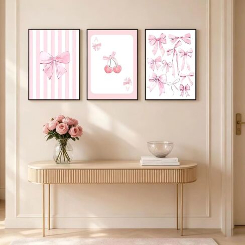 3 Pcs Pink Bow Canvas Wall Art Preppy Cherry Playing Cards Bow Posters Print Coquette Striped Aesthetic Picture Girls Room Wall Decor for Bedroom Living Room Dorm Apartment Decoration 12*16In Unframed in Saudi Arabia