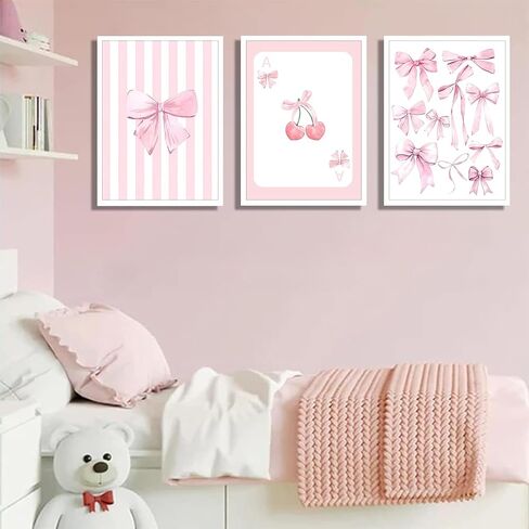 3 Pcs Pink Bow Canvas Wall Art Preppy Cherry Playing Cards Bow Posters Print Coquette Striped Aesthetic Picture Girls Room Wall Decor for Bedroom Living Room Dorm Apartment Decoration 12*16In Unframed in Saudi Arabia
