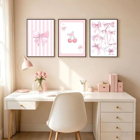 3 Pcs Pink Bow Canvas Wall Art Preppy Cherry Playing Cards Bow Posters Print Coquette Striped Aesthetic Picture Girls Room Wall Decor for Bedroom Living Room Dorm Apartment Decoration 12*16In Unframed in Saudi Arabia