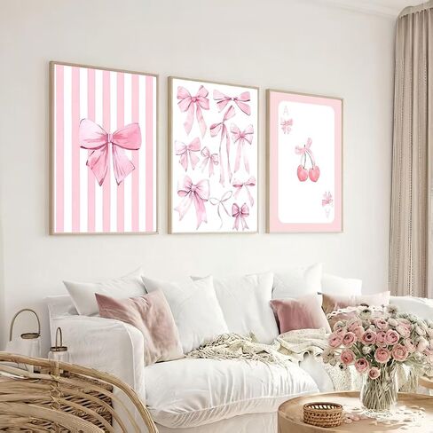 3 Pcs Pink Bow Canvas Wall Art Preppy Cherry Playing Cards Bow Posters Print Coquette Striped Aesthetic Picture Girls Room Wall Decor for Bedroom Living Room Dorm Apartment Decoration 12*16In Unframed in Saudi Arabia