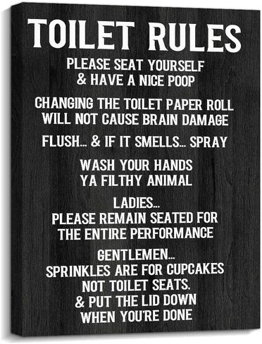 Kas Home Vintage Toilet Rules Canvas Wall Art - Black and White Saying Bathroom Decor Toilet Picture Printing Wall Decoration Ready to Hang (12 x 15 inch, Black-Toilet) in Saudi Arabia