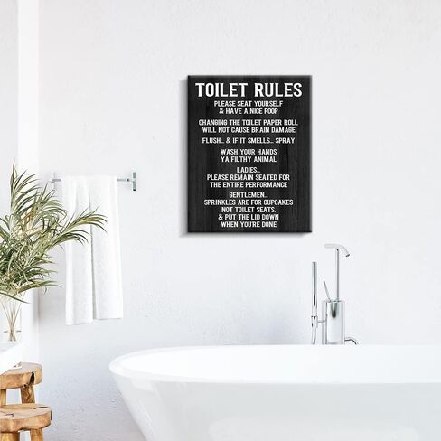 Kas Home Vintage Toilet Rules Canvas Wall Art - Black and White Saying Bathroom Decor Toilet Picture Printing Wall Decoration Ready to Hang (12 x 15 inch, Black-Toilet) in Saudi Arabia
