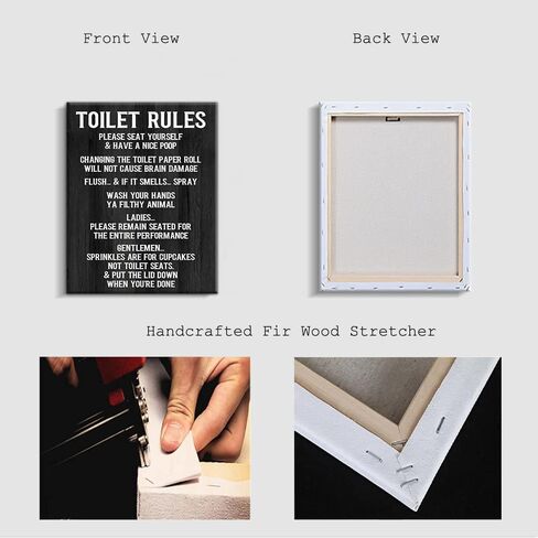 Kas Home Vintage Toilet Rules Canvas Wall Art - Black and White Saying Bathroom Decor Toilet Picture Printing Wall Decoration Ready to Hang (12 x 15 inch, Black-Toilet) in Saudi Arabia