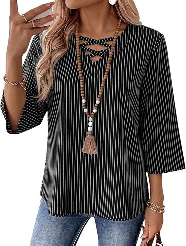Rapbin Womens 3/4 Sleeve Tops Cotton Linen Shirts V Neck Criss Cross Tees Loose Fit Blouses Summer Fashion in Saudi Arabia