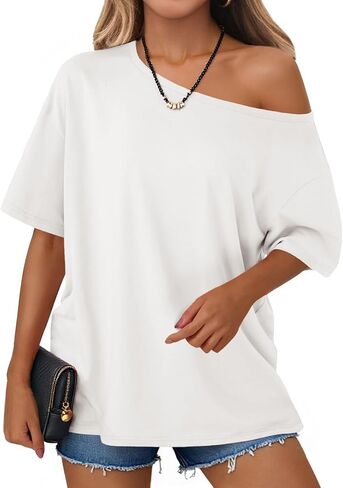 Tankaneo Womens Oversized Off The Shoulder T Shirt Cotton Short Sleeve Casual Tunic Tops Summer Loose Fit Flowy Tees in Kuwait