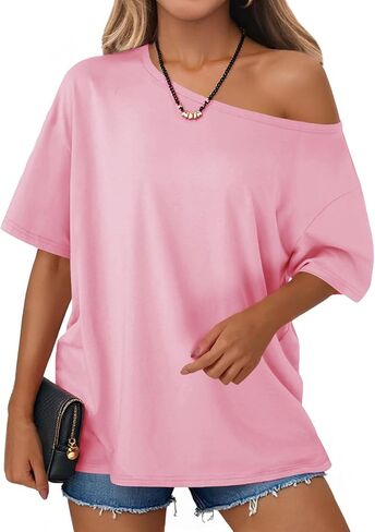 Tankaneo Womens Oversized Off The Shoulder T Shirt Cotton Short Sleeve Casual Tunic Tops Summer Loose Fit Flowy Tees in Kuwait