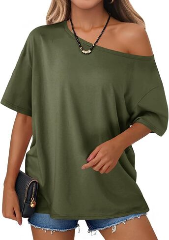 Tankaneo Womens Oversized Off The Shoulder T Shirt Cotton Short Sleeve Casual Tunic Tops Summer Loose Fit Flowy Tees in Kuwait