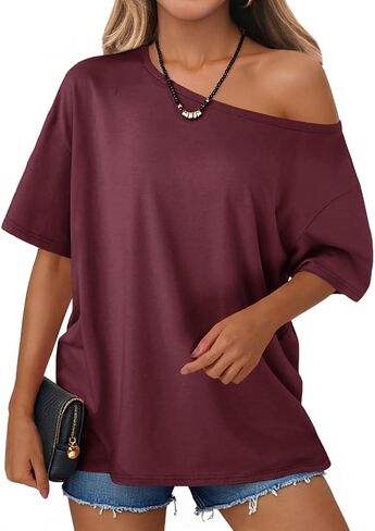 Tankaneo Womens Oversized Off The Shoulder T Shirt Cotton Short Sleeve Casual Tunic Tops Summer Loose Fit Flowy Tees in Kuwait