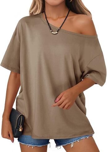 Tankaneo Womens Oversized Off The Shoulder T Shirt Cotton Short Sleeve Casual Tunic Tops Summer Loose Fit Flowy Tees in Kuwait