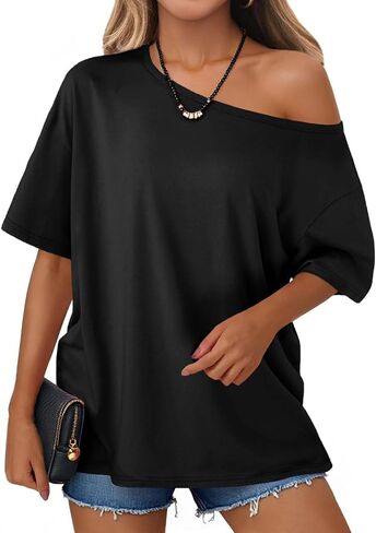 Tankaneo Womens Oversized Off The Shoulder T Shirt Cotton Short Sleeve Casual Tunic Tops Summer Loose Fit Flowy Tees in Kuwait