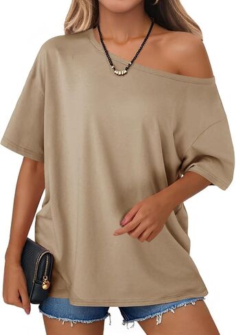 Tankaneo Womens Oversized Off The Shoulder T Shirt Cotton Short Sleeve Casual Tunic Tops Summer Loose Fit Flowy Tees in Kuwait