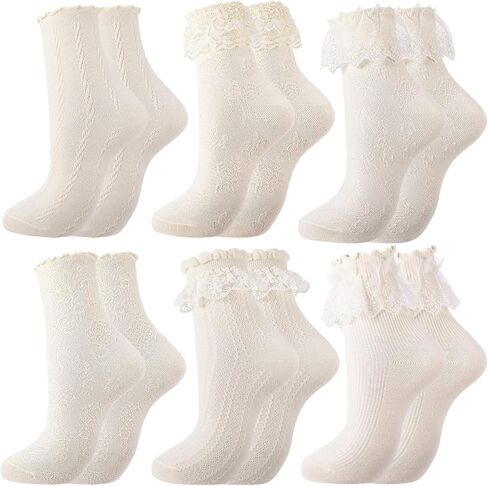 6 Pairs Ruffle Socks Women Sweet Lolita Mid-calf Socks with Bow Trim Beige Starfish Wood Ear Lace Cotton Bubble Shaped Socks in Saudi Arabia