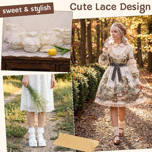 6 Pairs Ruffle Socks Women Sweet Lolita Mid-calf Socks with Bow Trim Beige Starfish Wood Ear Lace Cotton Bubble Shaped Socks in Saudi Arabia