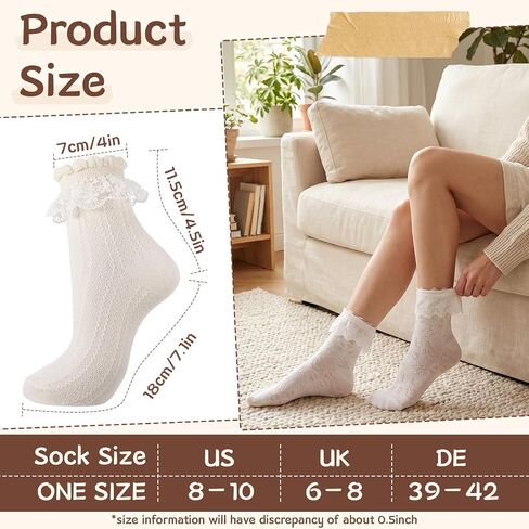6 Pairs Ruffle Socks Women Sweet Lolita Mid-calf Socks with Bow Trim Beige Starfish Wood Ear Lace Cotton Bubble Shaped Socks in Saudi Arabia