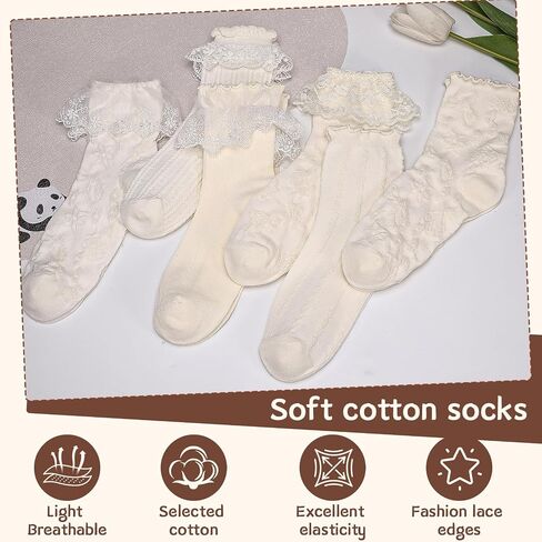 6 Pairs Ruffle Socks Women Sweet Lolita Mid-calf Socks with Bow Trim Beige Starfish Wood Ear Lace Cotton Bubble Shaped Socks in Saudi Arabia