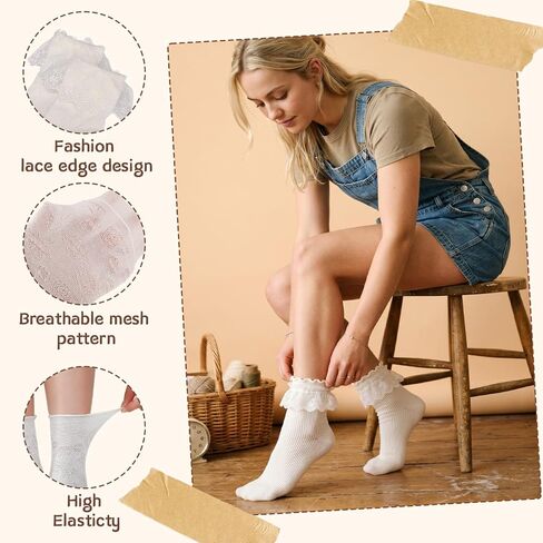 6 Pairs Ruffle Socks Women Sweet Lolita Mid-calf Socks with Bow Trim Beige Starfish Wood Ear Lace Cotton Bubble Shaped Socks in Saudi Arabia