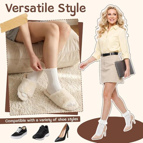 6 Pairs Ruffle Socks Women Sweet Lolita Mid-calf Socks with Bow Trim Beige Starfish Wood Ear Lace Cotton Bubble Shaped Socks in Saudi Arabia