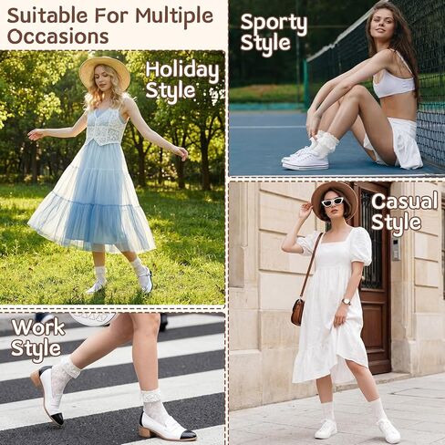6 Pairs Ruffle Socks Women Sweet Lolita Mid-calf Socks with Bow Trim Beige Starfish Wood Ear Lace Cotton Bubble Shaped Socks in Saudi Arabia