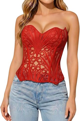 Corset Tops for Women Lace Up Overbust Bustier Sexy Floral Lace Waist Cincher Going Out Club Party Y2K Tops in Saudi Arabia
