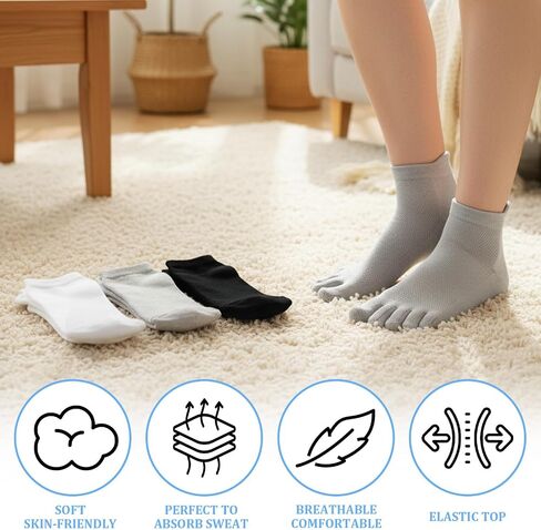 6Pairs Women Toe Socks, No Show Low Cut Toe Socks Ankle Cotton Running Five Finger Sock for Men Women (Black, White, Gray) in Saudi Arabia