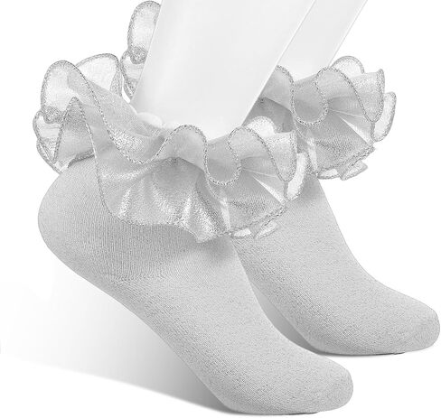 Women Silver Ruffle Socks, Glitter Ankle Socks Double Lace Frilly Dress Sock Silver Socks Soft Breathable Cute Sparkling Frilly Sock Fits Adult Most in Saudi Arabia