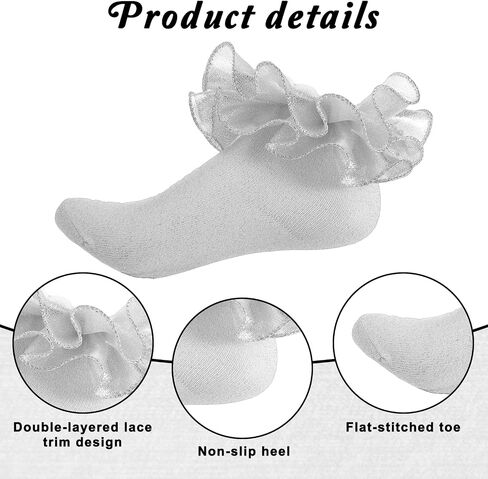 Women Silver Ruffle Socks, Glitter Ankle Socks Double Lace Frilly Dress Sock Silver Socks Soft Breathable Cute Sparkling Frilly Sock Fits Adult Most in Saudi Arabia
