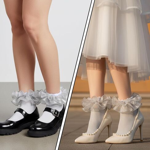 Women Silver Ruffle Socks, Glitter Ankle Socks Double Lace Frilly Dress Sock Silver Socks Soft Breathable Cute Sparkling Frilly Sock Fits Adult Most in Saudi Arabia