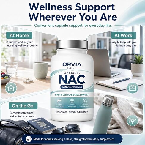 ORVIA Labs Liposomal NAC Supplement, Daily Cellular Wellness Support, Easy-to-Swallow Capsules - 60 Capsules in Kuwait