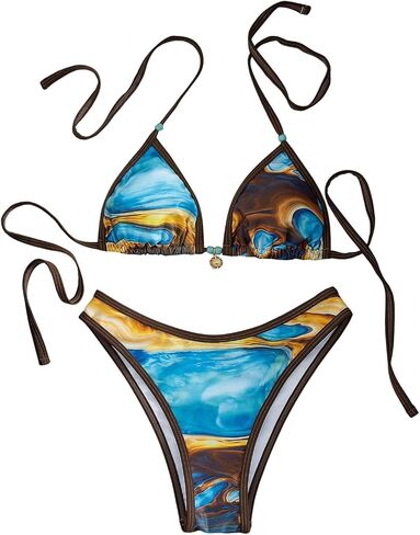 SweatyRocks Women's Halter Triangle Two Piece Bathing Suit Contrast Binding Printed Bikini Set in Kuwait