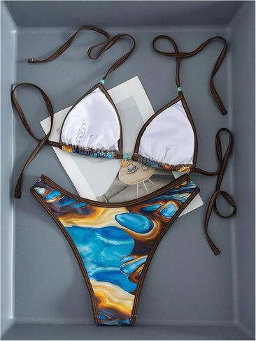 SweatyRocks Women's Halter Triangle Two Piece Bathing Suit Contrast Binding Printed Bikini Set in Kuwait