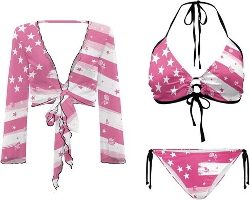 Womens 3 Pieces Bikini Set Flag Print String Swimsuit+ Beach Cover up Sets Sexy Sheer Swimwear Top in Saudi Arabia