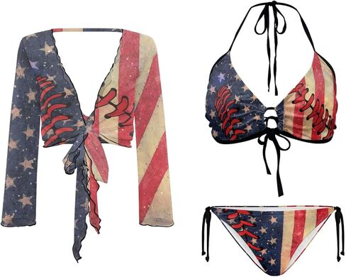 Womens 3 Pieces Bikini Set Flag Print String Swimsuit+ Beach Cover up Sets Sexy Sheer Swimwear Top in Saudi Arabia