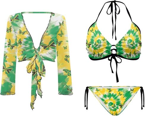 Womens 3 Pieces Bikini Set Flag Print String Swimsuit+ Beach Cover up Sets Sexy Sheer Swimwear Top in Saudi Arabia