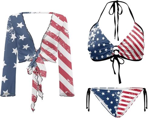 Womens 3 Pieces Bikini Set Flag Print String Swimsuit+ Beach Cover up Sets Sexy Sheer Swimwear Top in Saudi Arabia