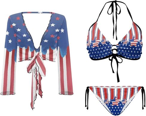 Womens 3 Pieces Bikini Set Flag Print String Swimsuit+ Beach Cover up Sets Sexy Sheer Swimwear Top in Saudi Arabia