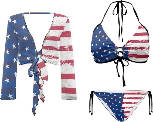 Womens 3 Pieces Bikini Set Flag Print String Swimsuit+ Beach Cover up Sets Sexy Sheer Swimwear Top in Saudi Arabia
