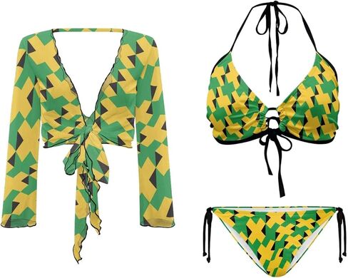 Womens 3 Pieces Bikini Set Flag Print String Swimsuit+ Beach Cover up Sets Sexy Sheer Swimwear Top in Saudi Arabia