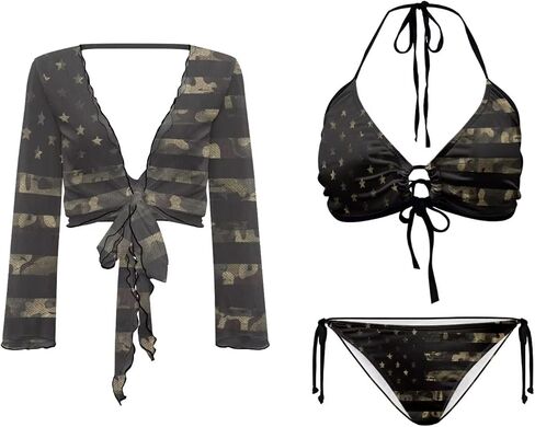 Womens 3 Pieces Bikini Set Flag Print String Swimsuit+ Beach Cover up Sets Sexy Sheer Swimwear Top in Saudi Arabia