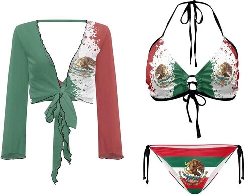 Womens 3 Pieces Bikini Set Flag Print String Swimsuit+ Beach Cover up Sets Sexy Sheer Swimwear Top in Saudi Arabia